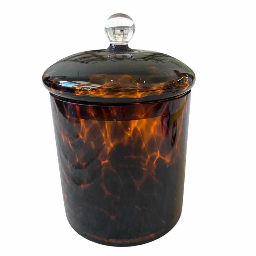 Jonathan Adler Brown Tortoise Shell Glass Canister Jar w/ Lid 7in Chic Decor NEW